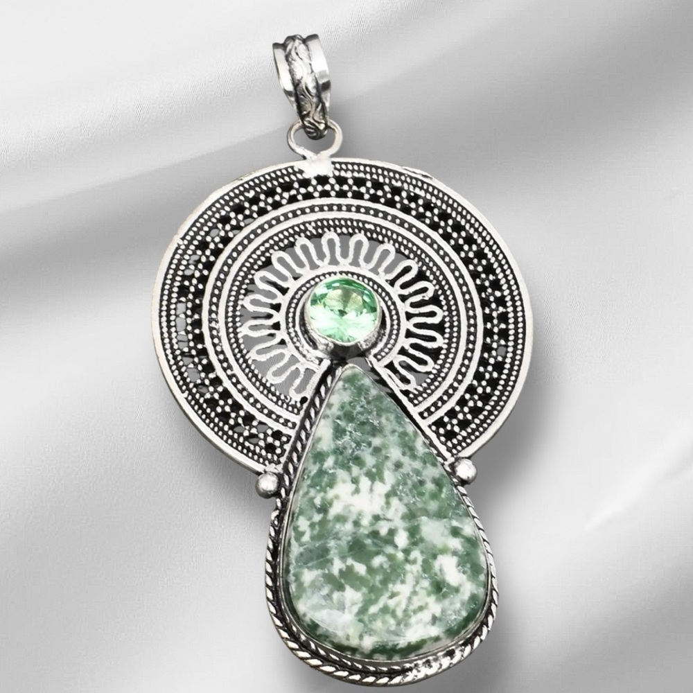 Handcrafted Artisan Jewelry Green Teardrop Moss Agate and Peridot Pendant